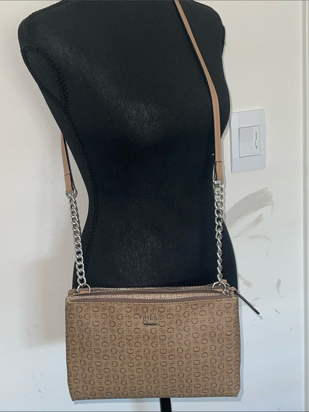 Guess Monogram Crossbody Bag in Tan